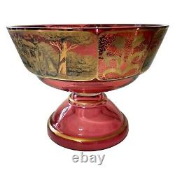 Cranberry Gold Gilt Glass Pedestal Bowl Antique Victorian Dish Stagecoach Scene