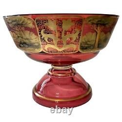 Cranberry Gold Gilt Glass Pedestal Bowl Antique Victorian Dish Stagecoach Scene