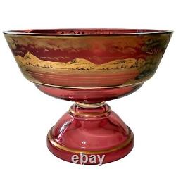 Cranberry Gold Gilt Glass Pedestal Bowl Antique Victorian Dish Stagecoach Scene