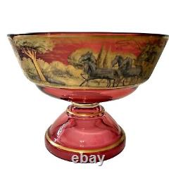 Cranberry Gold Gilt Glass Pedestal Bowl Antique Victorian Dish Stagecoach Scene