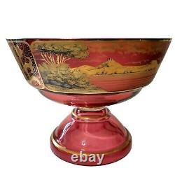 Cranberry Gold Gilt Glass Pedestal Bowl Antique Victorian Dish Stagecoach Scene