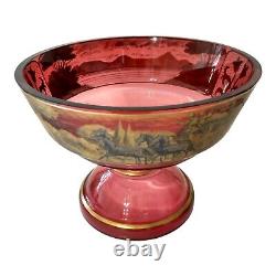 Cranberry Gold Gilt Glass Pedestal Bowl Antique Victorian Dish Stagecoach Scene