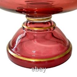 Cranberry Gold Gilt Glass Pedestal Bowl Antique Victorian Dish Stagecoach Scene