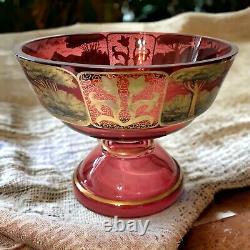 Cranberry Gold Gilt Glass Pedestal Bowl Antique Victorian Dish Stagecoach Scene