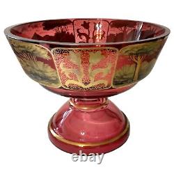 Cranberry Gold Gilt Glass Pedestal Bowl Antique Victorian Dish Stagecoach Scene