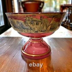 Cranberry Gold Gilt Glass Pedestal Bowl Antique Victorian Dish Stagecoach Scene