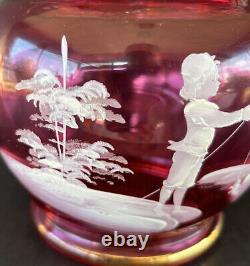 Cranberry Ruffled Vase 10 Mary Gregory White Enameled Silhouette Boy Fishing