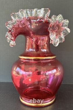 Cranberry Ruffled Vase 10 Mary Gregory White Enameled Silhouette Boy Fishing