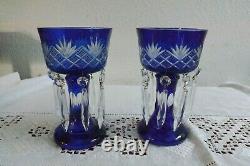 Czech Bohemian Art Glass Cobalt Cut To Clear Mantle Lusters Candle Holders