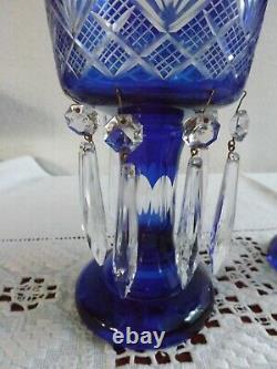 Czech Bohemian Art Glass Cobalt Cut To Clear Mantle Lusters Candle Holders