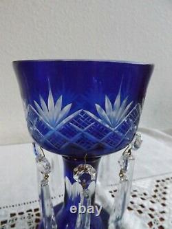 Czech Bohemian Art Glass Cobalt Cut To Clear Mantle Lusters Candle Holders