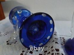 Czech Bohemian Art Glass Cobalt Cut To Clear Mantle Lusters Candle Holders