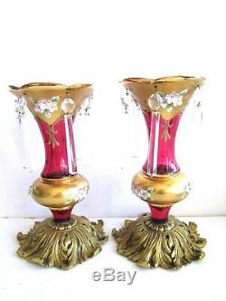 Czech/bohemian Cranberry Glass Gilt Mantle Lusters Brass Base