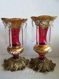 Czech/bohemian Cranberry Glass Gilt Mantle Lusters Brass Base