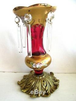 Czech/bohemian Cranberry Glass Gilt Mantle Lusters Brass Base