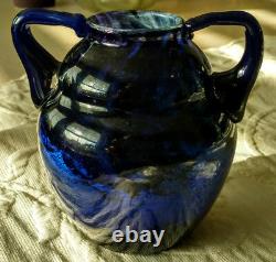 DAUM Cobalt Blue 1890's Glass Ovoid-Round 2 Handled French Over Gold Foil RARE