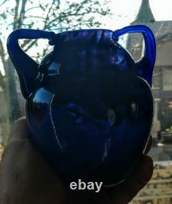 DAUM Cobalt Blue 1890's Glass Ovoid-Round 2 Handled French Over Gold Foil RARE