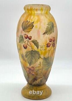 Daum Nancy Glass Vase Red currant Enamel Paint Design with Lamp 1900s COA