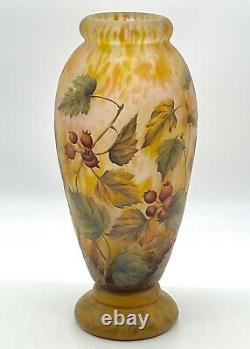 Daum Nancy Glass Vase Red currant Enamel Paint Design with Lamp 1900s COA