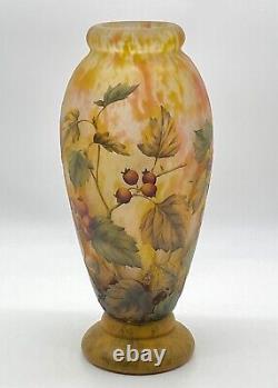 Daum Nancy Glass Vase Red currant Enamel Paint Design with Lamp 1900s COA