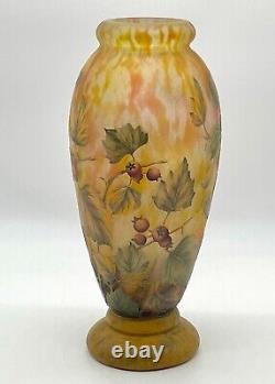 Daum Nancy Glass Vase Red currant Enamel Paint Design with Lamp 1900s COA