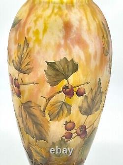 Daum Nancy Glass Vase Red currant Enamel Paint Design with Lamp 1900s COA