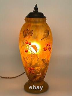 Daum Nancy Glass Vase Red currant Enamel Paint Design with Lamp 1900s COA