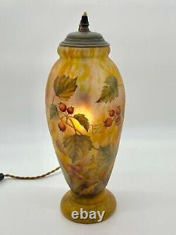 Daum Nancy Glass Vase Red currant Enamel Paint Design with Lamp 1900s COA