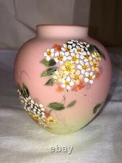 Decorated Mount Washington Burmese Art Glass Vase-Enameled Flowers-Victorian