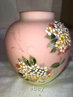 Decorated Mount Washington Burmese Art Glass Vase-Enameled Flowers-Victorian
