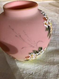 Decorated Mount Washington Burmese Art Glass Vase-Enameled Flowers-Victorian
