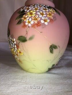 Decorated Mount Washington Burmese Art Glass Vase-Enameled Flowers-Victorian