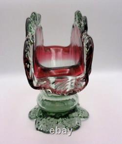 Decorative Antique French Legras Cranberry to Green Optic Art Glass Fan Vase