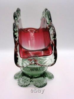 Decorative Antique French Legras Cranberry to Green Optic Art Glass Fan Vase