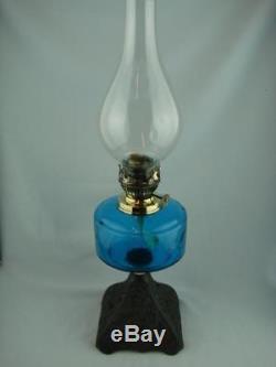 Decorative Victorian Oil Lamp Cast Base Art Nouveau Design & Blue Glass Font