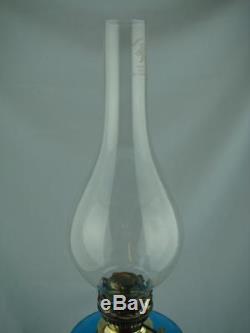 Decorative Victorian Oil Lamp Cast Base Art Nouveau Design & Blue Glass Font