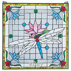 Dragonfly Lily Pond Square Stained Glass Window Tiffany Art Nouveau Victorian