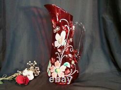 Dugan 1905/06 Tankard Cranberry Art Glass Lemonade Pitcher Floral Enamel Decor