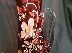 Dugan 1905/06 Tankard Cranberry Art Glass Lemonade Pitcher Floral Enamel Decor