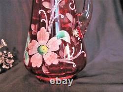 Dugan 1905/06 Tankard Cranberry Art Glass Lemonade Pitcher Floral Enamel Decor