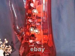 Dugan 1905/06 Tankard Cranberry Art Glass Lemonade Pitcher Floral Enamel Decor