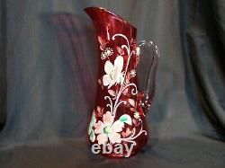 Dugan 1905/06 Tankard Cranberry Art Glass Lemonade Pitcher Floral Enamel Decor