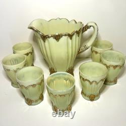 Dugan Diamond Custard Glass Fan Pitcher With 7 Tumblers Antique Dugan Diamond Custard Glass Fan Pitcher With 7 Tumblers Antique