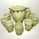 Dugan Diamond Custard Glass Fan Pitcher With 7 Tumblers Antique