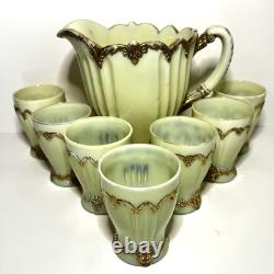 Dugan Diamond Custard Glass Fan Pitcher With 7 Tumblers Antique Dugan Diamond Custard Glass Fan Pitcher With 7 Tumblers Antique