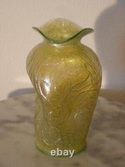 Dugan Lime Green Iridized Stippled Estate Vase with Pinched in Sides