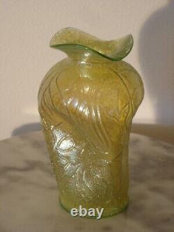 Dugan Lime Green Iridized Stippled Estate Vase with Pinched in Sides