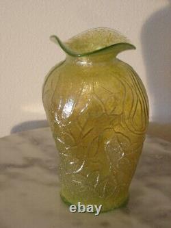 Dugan Lime Green Iridized Stippled Estate Vase with Pinched in Sides