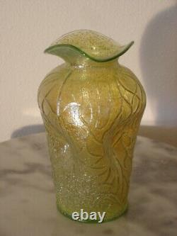 Dugan Lime Green Iridized Stippled Estate Vase with Pinched in Sides