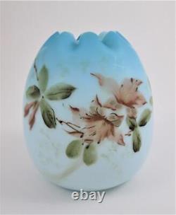 EGG shape ROSE BOWL Cased BLUE Satin Art Glass, HP PINK Flowers Victorian